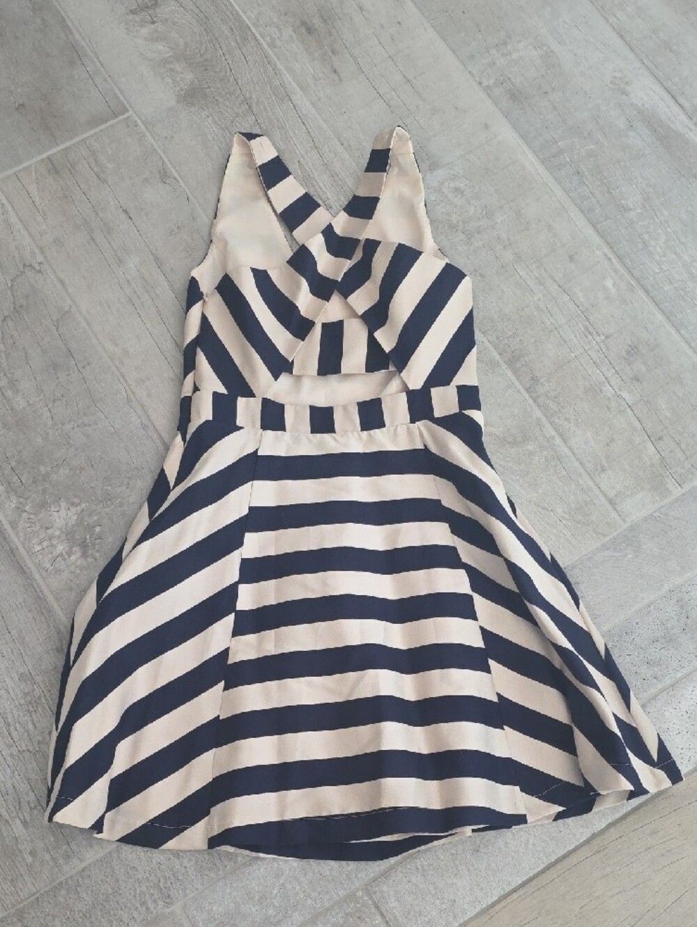 Adelyn Rae Navy and Cream Striped V-Neck Fit-and-Flare Dress - Picture 2 of 12